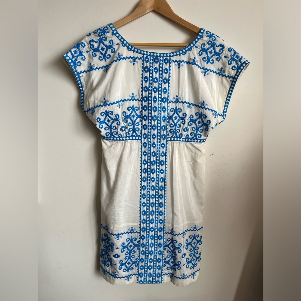 Tibi New York Silk-Cotton Blue Embroidered White Dress size 6